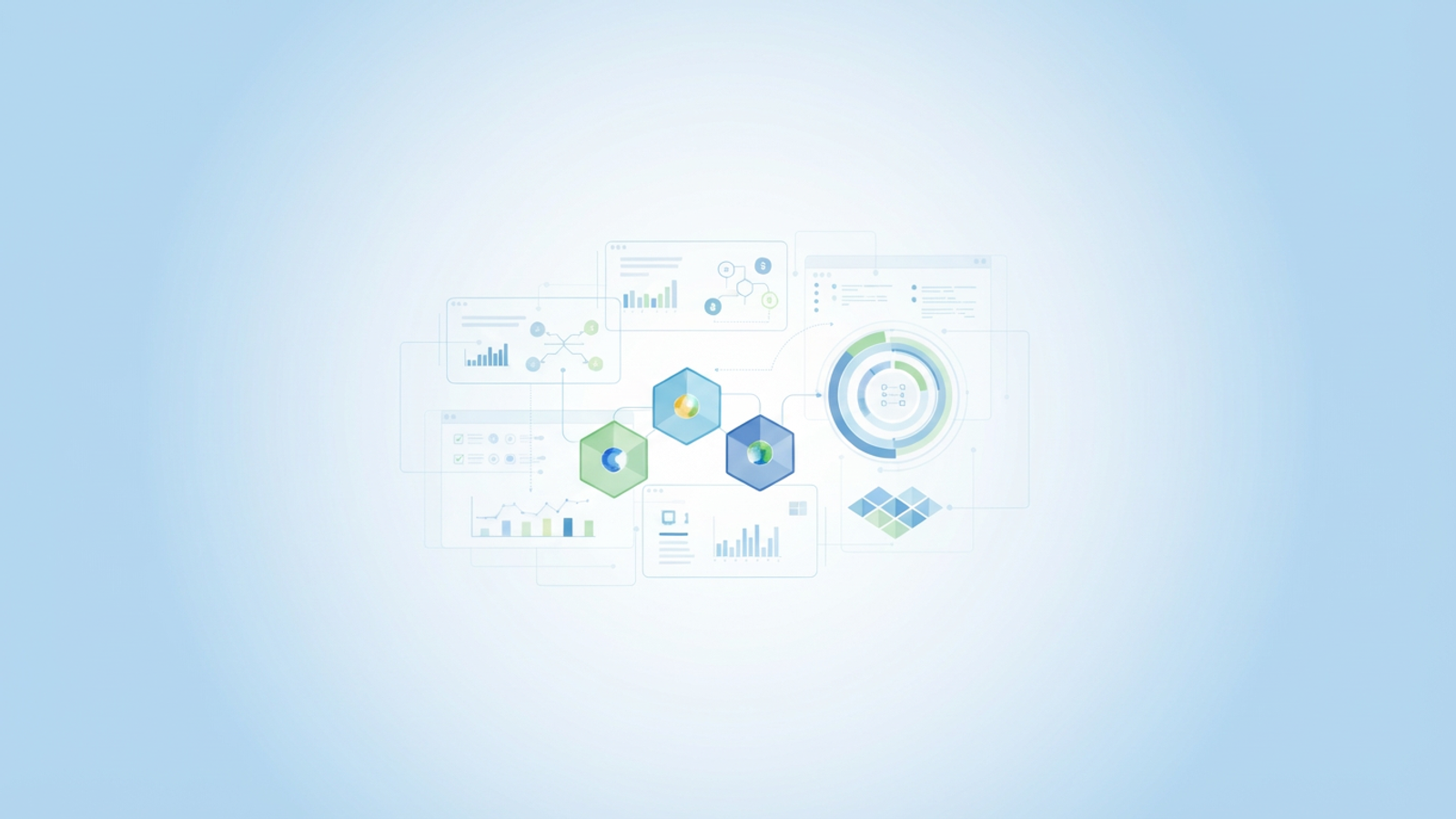 An abstract, minimalist composition of softly gradient geometric shapes layered over negative space, with subtle lines indicating data flow for precise comparable company analysis.