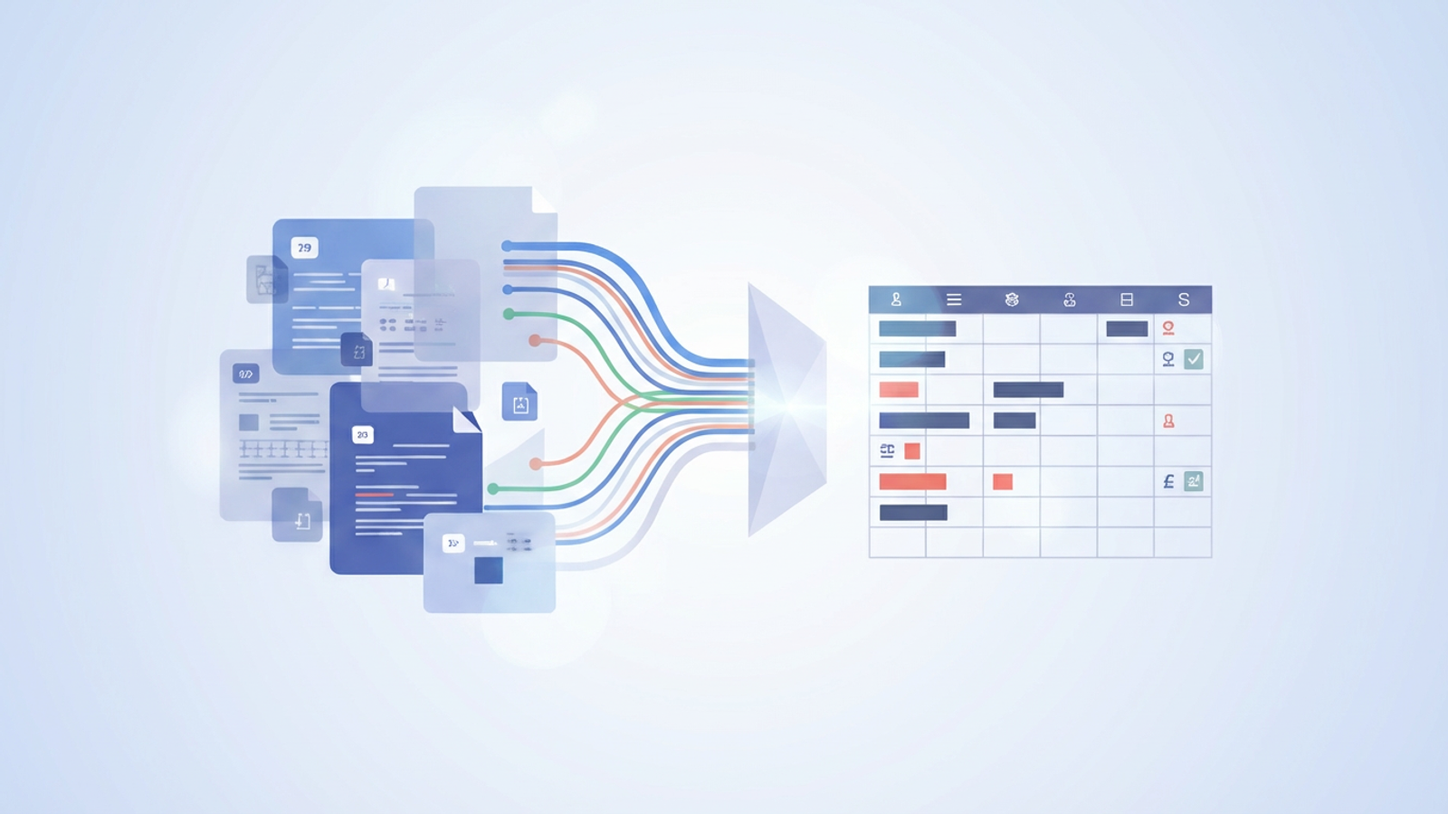 A clean, abstract design features soft-gradient geometric shapes converging and organizing into a structured grid, symbolizing the systematic process of invoice data capture and transparent data consolidation.