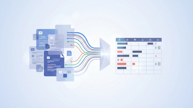 A clean, abstract design features soft-gradient geometric shapes converging and organizing into a structured grid, symbolizing the systematic process of invoice data capture and transparent data consolidation.