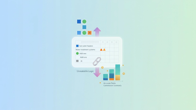 A minimalist abstract illustration features interconnected geometric forms in soft gradients, suggesting seamless data flow and unbreakable logic for precise commission pricing adjustments.