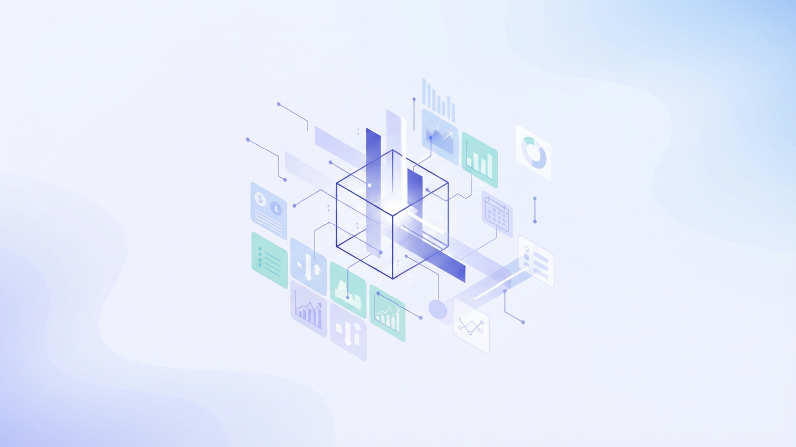 A minimal abstract composition features interconnected geometric shapes and soft gradient lines, representing dynamic data flow within a transparent mortgage with interest calculator for comparing loan payments and amortization schedules.