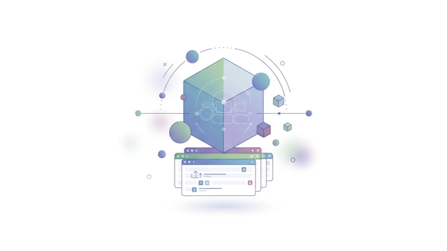 An abstract composition of soft-edged geometric shapes, including rectangles and circles, is interconnected by subtle gradient lines within a clean, open space, demonstrating the structured data management for an hvac duct calculator.