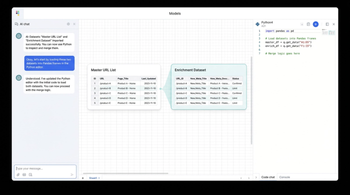 A workspace view showing two data tables (master and new content) and a Python code cell, representing the setup for an SEO data merge.