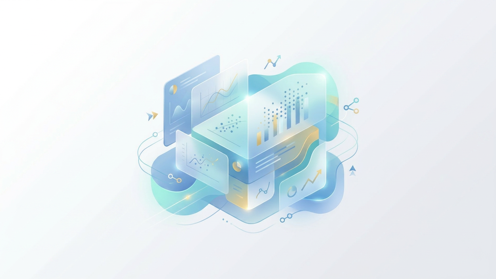 An abstract, minimal SaaS-style composition depicting consumer goods market research with translucent, overlapping geometric planes, floating spheres, and subtle glowing data pathways on a spacious gradient background.