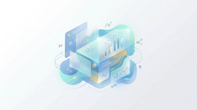An abstract, minimal SaaS-style composition depicting consumer goods market research with translucent, overlapping geometric planes, floating spheres, and subtle glowing data pathways on a spacious gradient background.