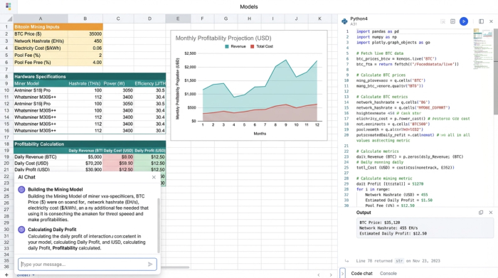 An analytical dashboard in a spreadsheet application. It includes a data table of mining rigs, input cells for costs, a Python code block, and a chart visualizing profitability.
