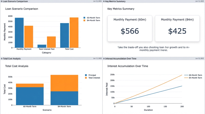 A dashboard with four panels comparing a 60-month and an 84-month loan. The panels clearly show that the 84-month loan has a lower monthly payment but a much higher total interest paid. The comparison visually highlights the long-term cost of the 'cheaper' monthly option.
