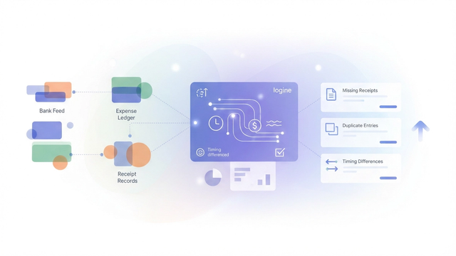 An abstract digital graphic features interconnected geometric shapes and soft gradient lines, symbolizing the efficient process to reconcile credit card transactions by matching diverse financial data streams and highlighting discrepancies.