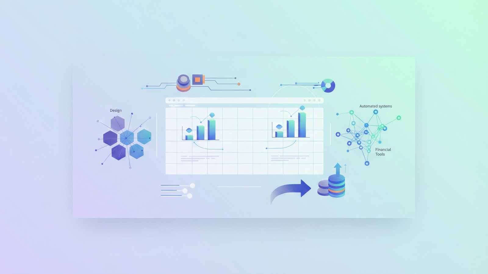 A minimalist abstract design shows intersecting translucent geometric planes and flowing data streams in soft blues and greens, illustrating the dynamic financial modeling for urban infrastructure upgrades.