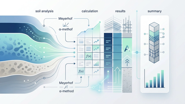 An abstract, minimalist SaaS graphic featuring vertical geometric columns descending through horizontal gradient bands of blue and grey, representing structural foundations and pile driving analysis with clean lines and subtle data plots.
