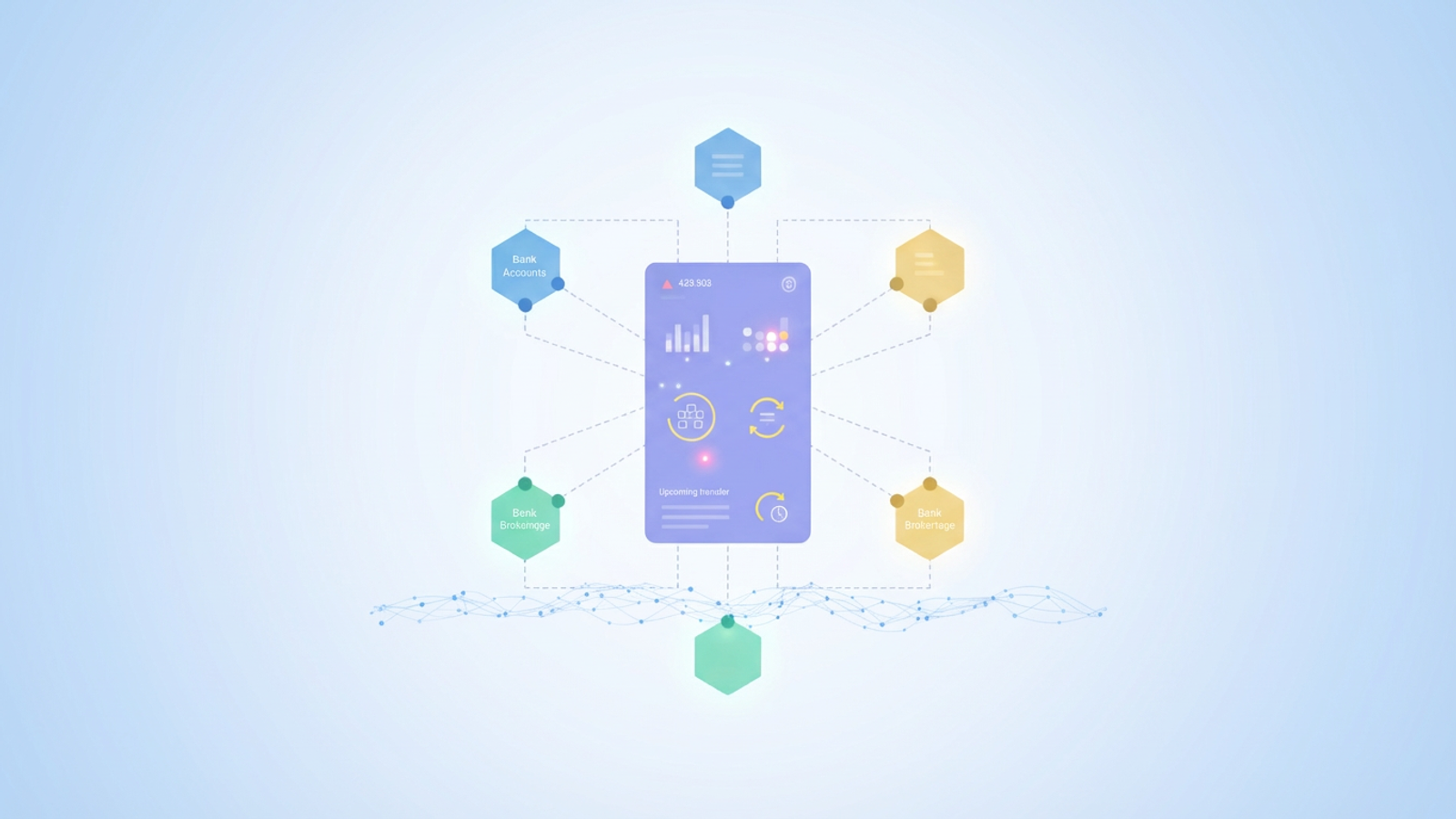 An abstract, minimal arrangement of interconnected geometric shapes with soft gradients and subtle data pathways, set against a clean negative space, represents a unified bank account tracker for comprehensive financial oversight.