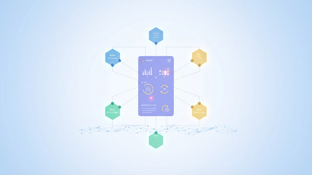 An abstract, minimal arrangement of interconnected geometric shapes with soft gradients and subtle data pathways, set against a clean negative space, represents a unified bank account tracker for comprehensive financial oversight.