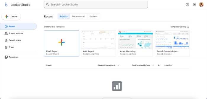 Looker Studio homepage.