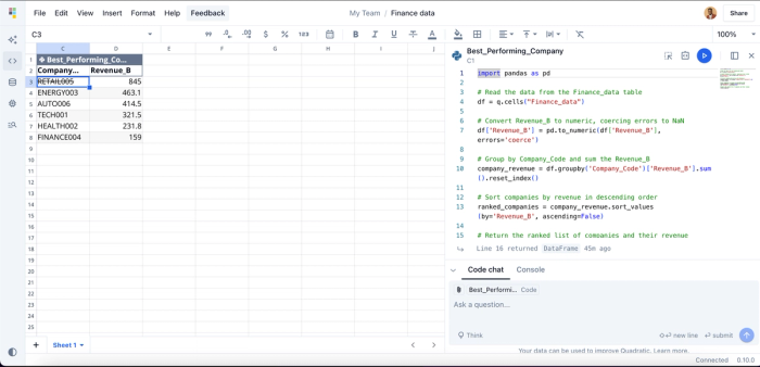 Quadratic built-in code editor