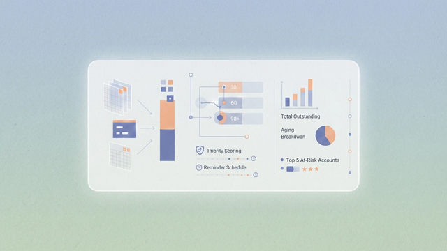 An abstract, modern hero image with geometric shapes, soft color gradients, and subtle connecting lines arranged into an organized data structure for accounts receivable tracking.
