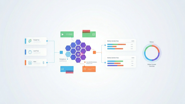 An abstract, modern design features interconnected geometric shapes in soft gradients, conveying the streamlined data flow and organized capacity visualization essential for effective manufacturing planning and scheduling.
