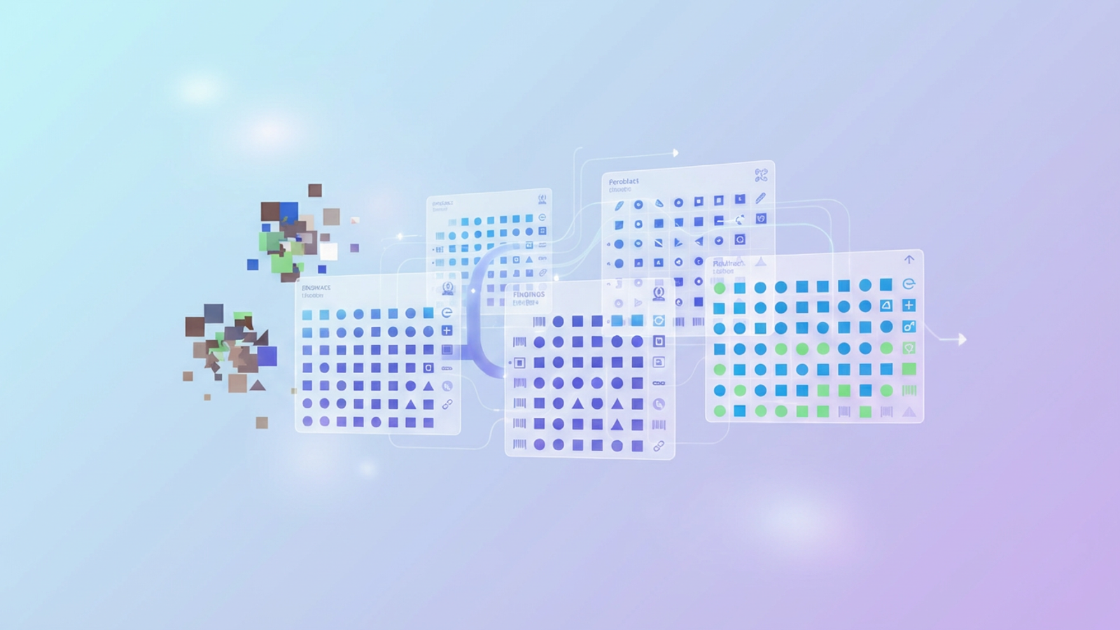 An abstract illustration features interconnected geometric shapes and soft gradient layers, subtly depicting the structured flow and organization of data for efficient product catalog management.