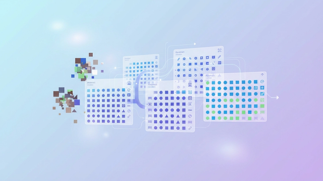 An abstract illustration features interconnected geometric shapes and soft gradient layers, subtly depicting the structured flow and organization of data for efficient product catalog management.