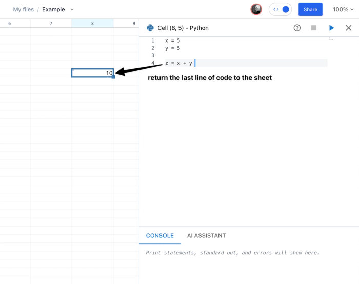 Showing the sum of two numbers in Python in a spreadsheet.