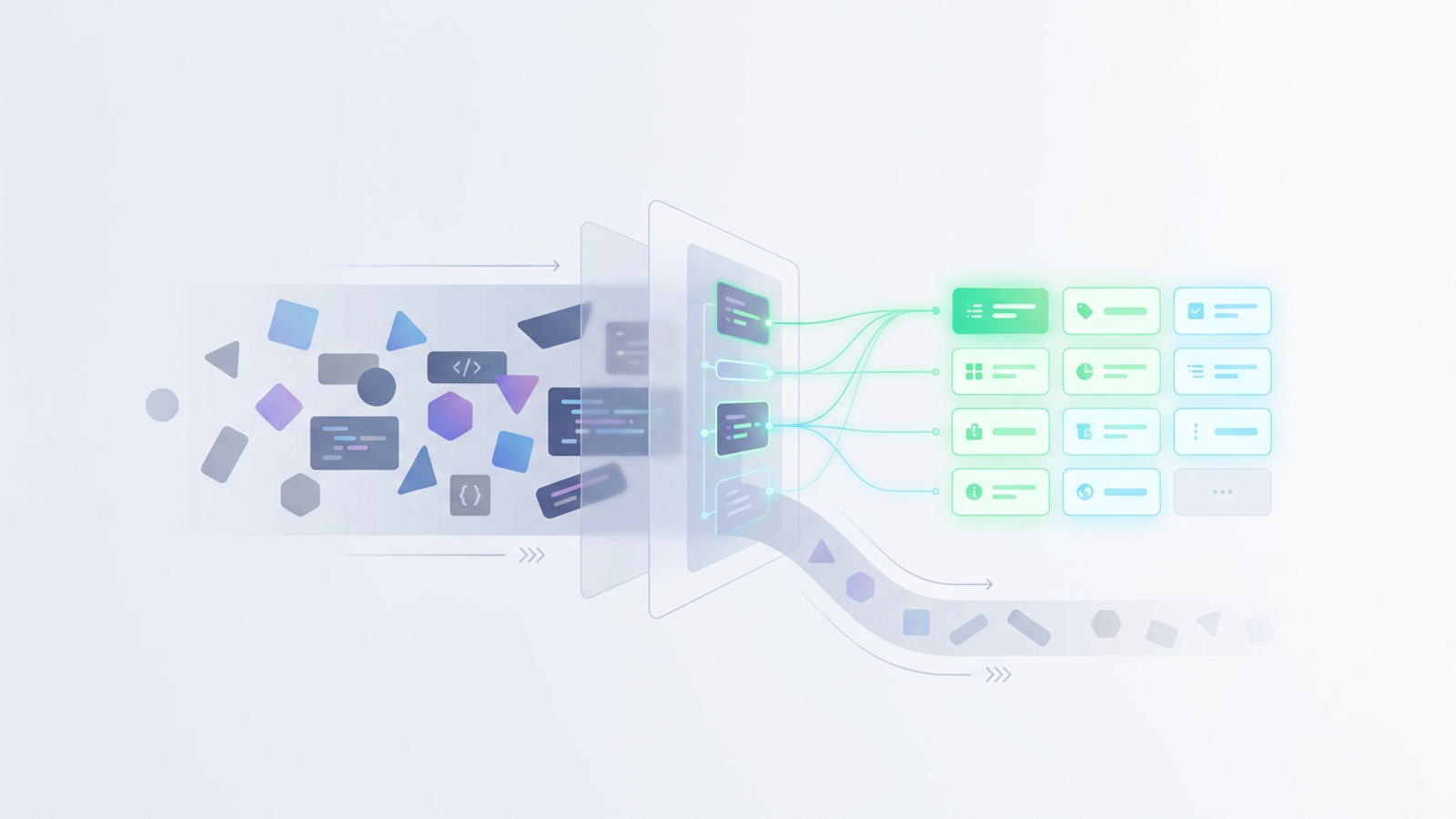 A modern, minimalist abstract graphic depicting medical data processing, featuring soft-gradient geometric nodes that filter through a clean grid into organized, aligned pathways.