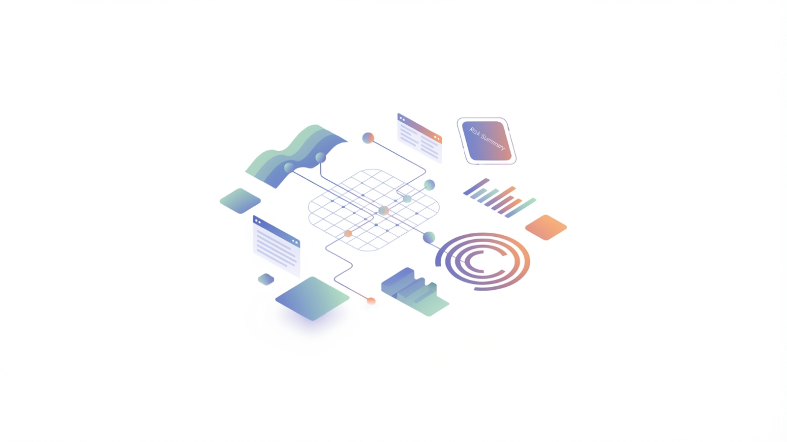 An abstract composition of soft-gradient geometric shapes linked by subtle lines, representing data-driven efficiency and optimized ED staffing solutions.