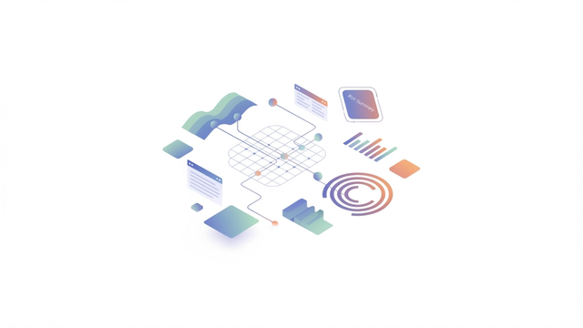 An abstract composition of soft-gradient geometric shapes linked by subtle lines, representing data-driven efficiency and optimized ED staffing solutions.