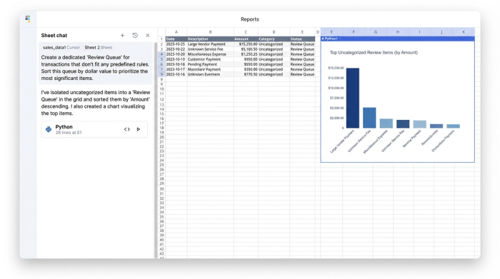 An interface showing an AI chat on the left, a data table in the middle displaying a list of uncategorized transactions sorted by amount, and a bar chart on the right highlighting the largest uncategorized expenses.
