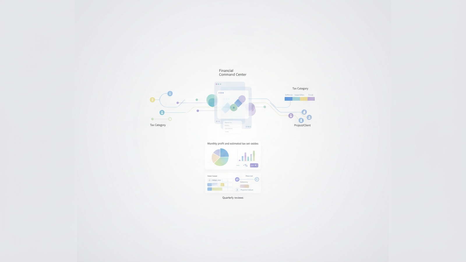 A clean, abstract composition of intersecting geometric shapes and subtle data pathways illustrates the consolidation and organization of financial information within an expense and income tracker, highlighted by soft gradient transitions.