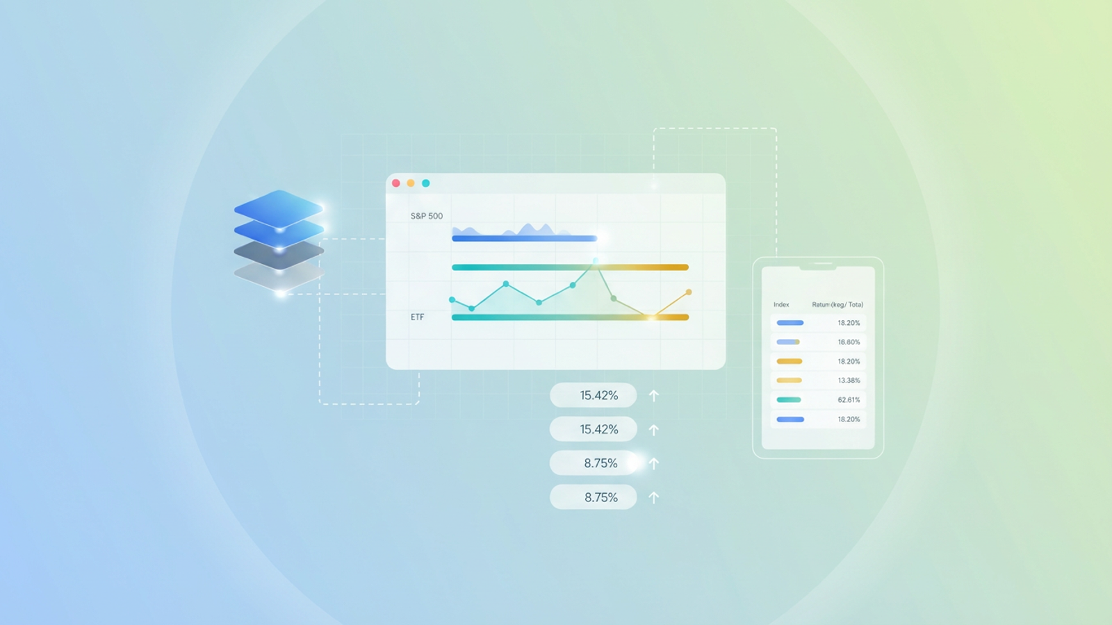 A modern abstract design features a series of geometric shapes, connected by soft gradient lines, illustrating the consolidation and precise formatting of financial data for a stock index comparison within a clean negative space.