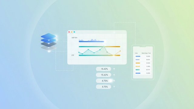A modern abstract design features a series of geometric shapes, connected by soft gradient lines, illustrating the consolidation and precise formatting of financial data for a stock index comparison within a clean negative space.