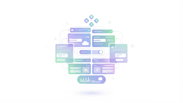 A minimalist abstract composition features soft gradient shapes and subtle lines converging, illustrating the structured evaluation and integration of various marketing automation tools.