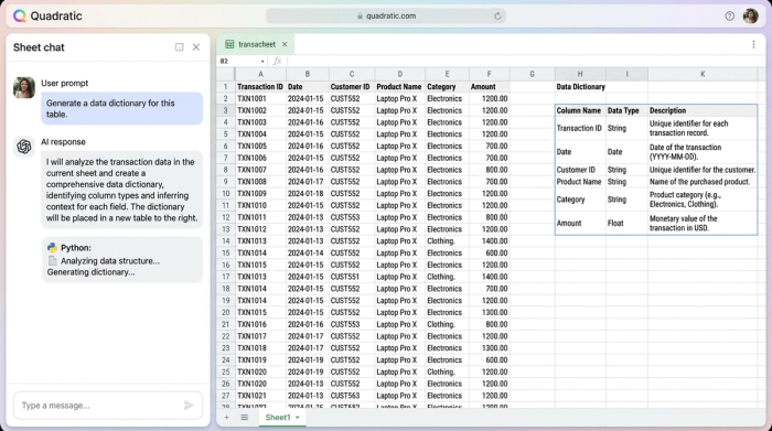 An interface showing an AI chat window, a table with raw data, and a generated data dictionary that describes the columns. This visualizes an AI-driven data cataloging process.