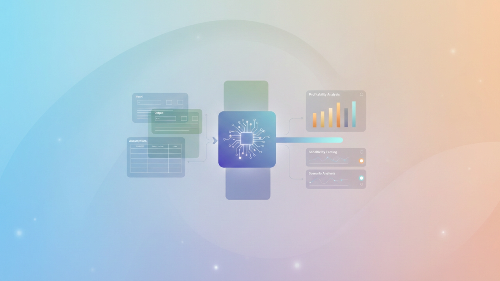 A minimal abstract design with interlocking translucent geometric planes and soft gradient transitions illustrates the complex, yet transparent, data structures and analytical processes of actuarial models.