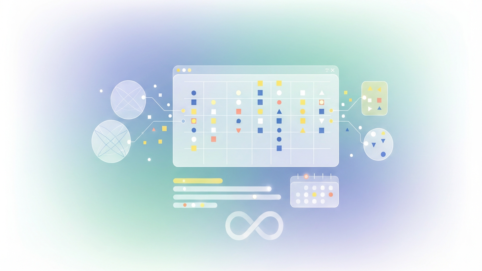 An abstract digital composition features a network of interconnected geometric shapes and soft gradient flows, visualizing the dynamic patterns and anomalies of recurring charges within a financial tracking system.