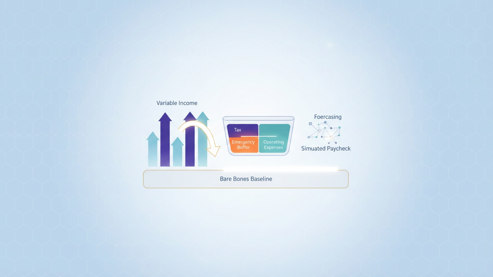 An abstract composition features soft gradient geometric shapes, some irregular and others uniform, interconnected by subtle data lines, representing an irregular income budget smoothing variable financial flows.