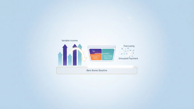 An abstract composition features soft gradient geometric shapes, some irregular and others uniform, interconnected by subtle data lines, representing an irregular income budget smoothing variable financial flows.