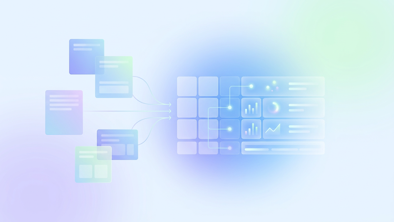 A minimalist abstract design featuring soft gradient geometric planes and delicate lines that converge from multiple points into a structured central grid of call center operational metrics.