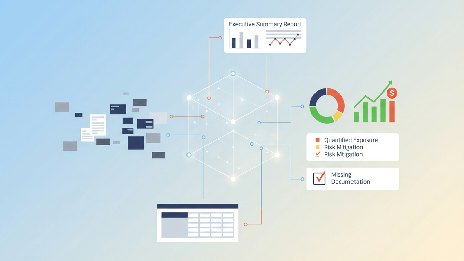 A minimalist abstract composition of interconnected geometric shapes and soft gradient fields illustrates a dynamic system for construction contract review, driving proactive risk mitigation.