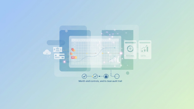 A central, subtly structured grid representing an accounting spreadsheet is surrounded by soft gradient shapes and flowing lines, symbolizing automated data processing and financial reporting.