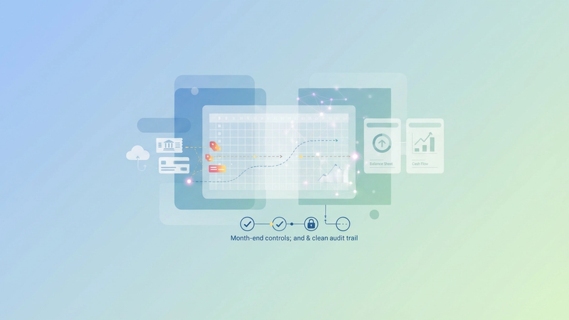 A central, subtly structured grid representing an accounting spreadsheet is surrounded by soft gradient shapes and flowing lines, symbolizing automated data processing and financial reporting.