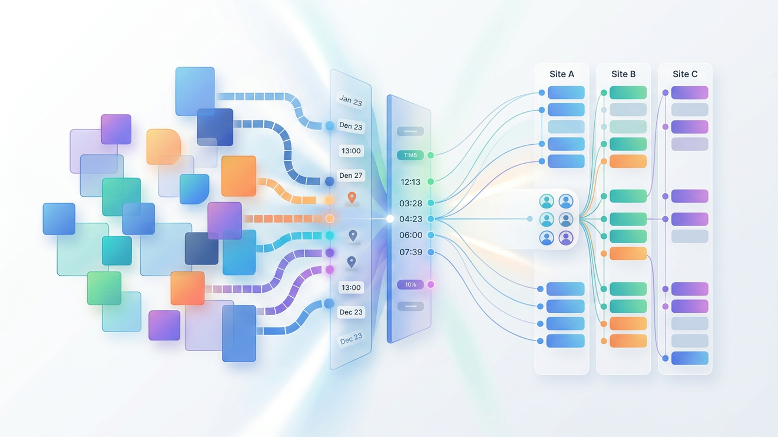 A minimalist abstract design illustrating instructor scheduling software with multi-layered horizontal timeline tracks, color-coded geometric nodes, and soft gradient connections representing structured multi-site data flow.