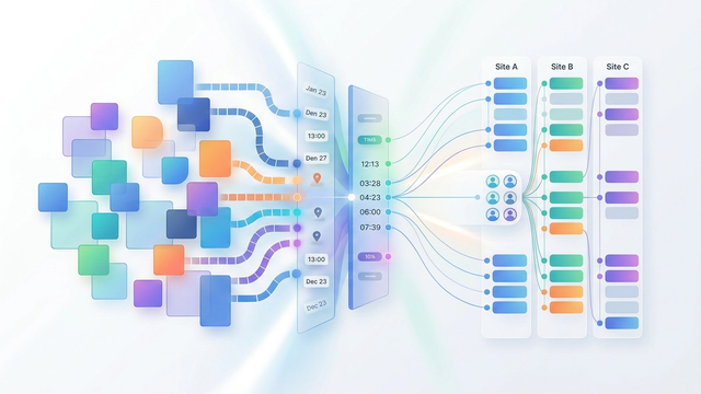 A minimalist abstract design illustrating instructor scheduling software with multi-layered horizontal timeline tracks, color-coded geometric nodes, and soft gradient connections representing structured multi-site data flow.