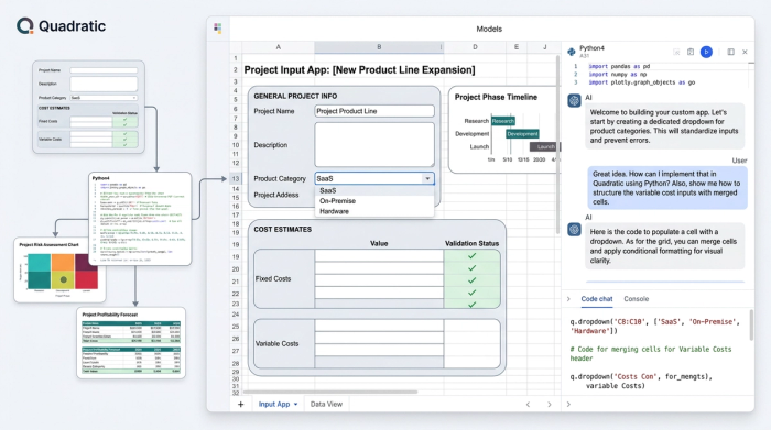 An abstract representation of a spreadsheet application, showing a mix of data tables, Python code, and various charts in a clean layout.