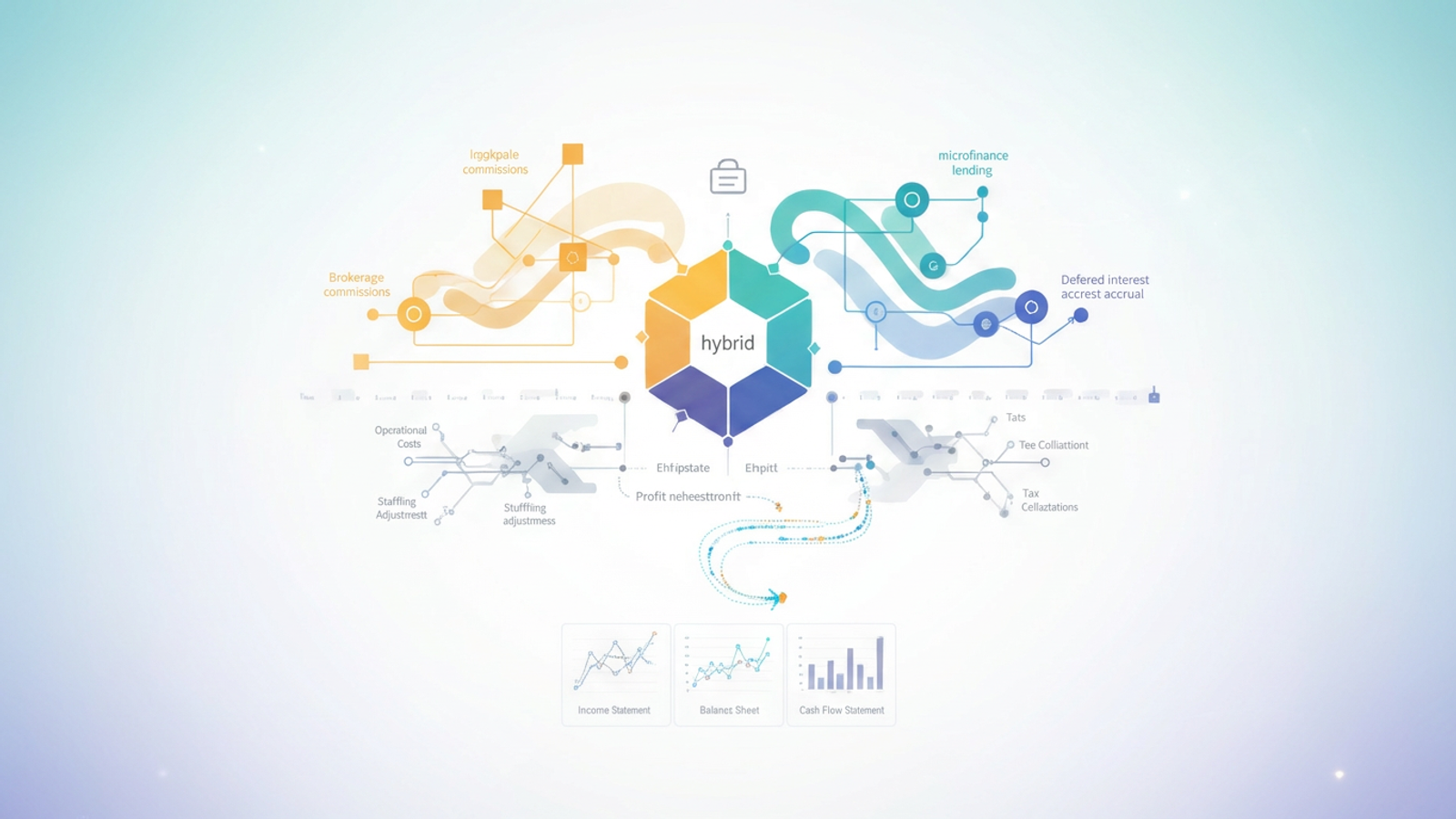Abstract geometric forms with subtle gradient shifts connect, symbolizing the dynamic data flow and complex financial modeling for microfinance lending and hybrid revenue streams.
