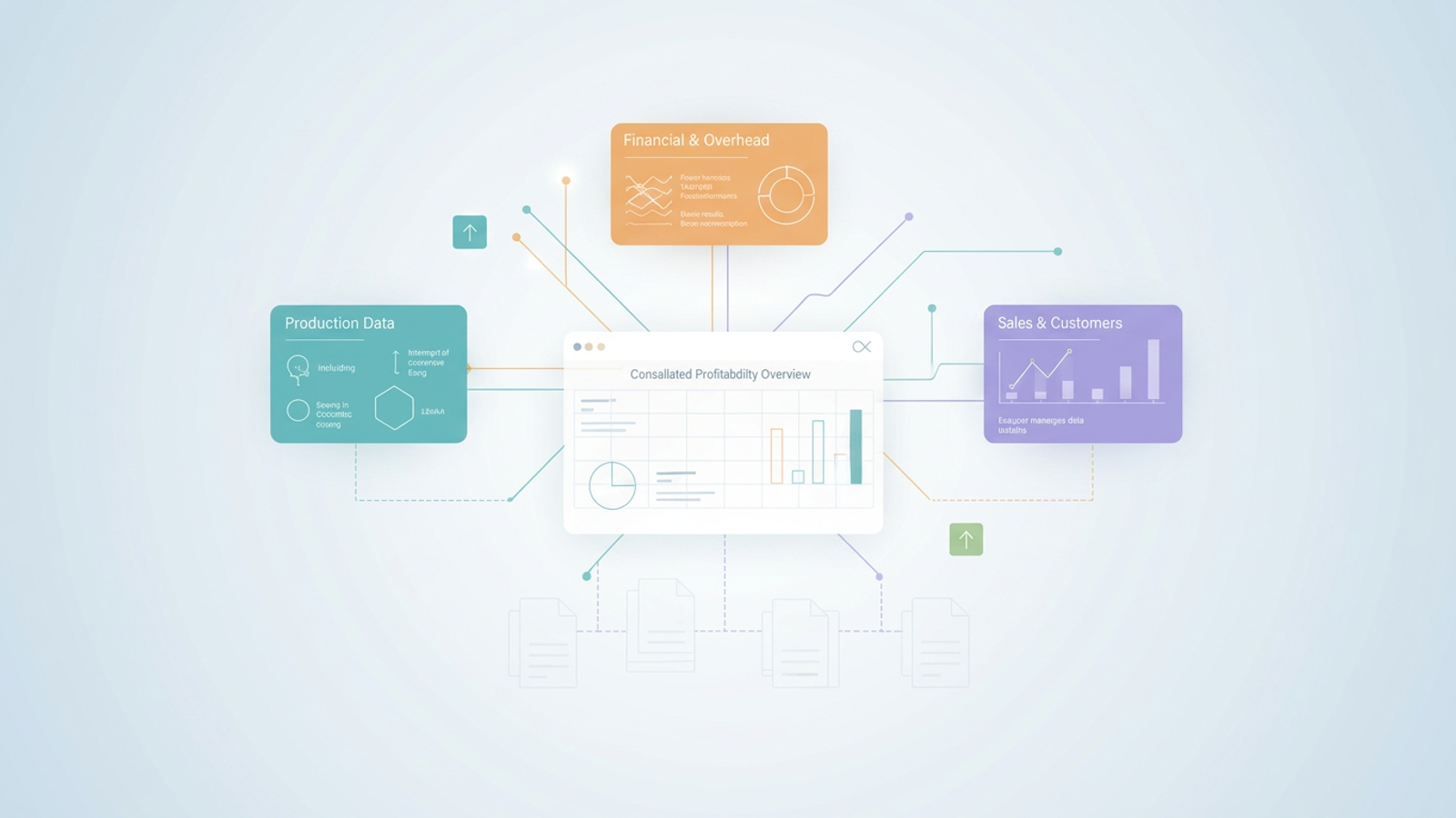 An abstract digital illustration features soft gradient geometric shapes dynamically arranged as converging data streams that integrate into a central, structured grid for enhanced cost analysis manufacturing.
