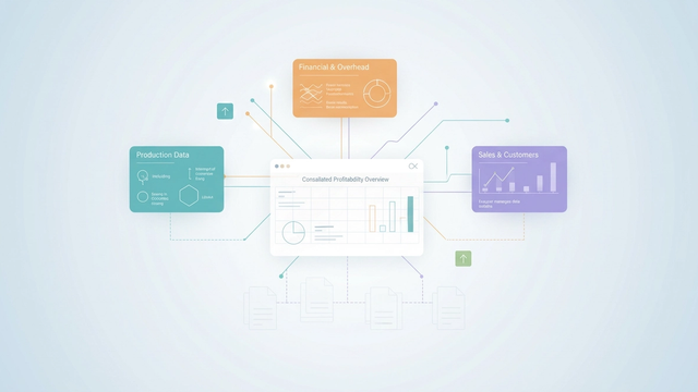 An abstract digital illustration features soft gradient geometric shapes dynamically arranged as converging data streams that integrate into a central, structured grid for enhanced cost analysis manufacturing.