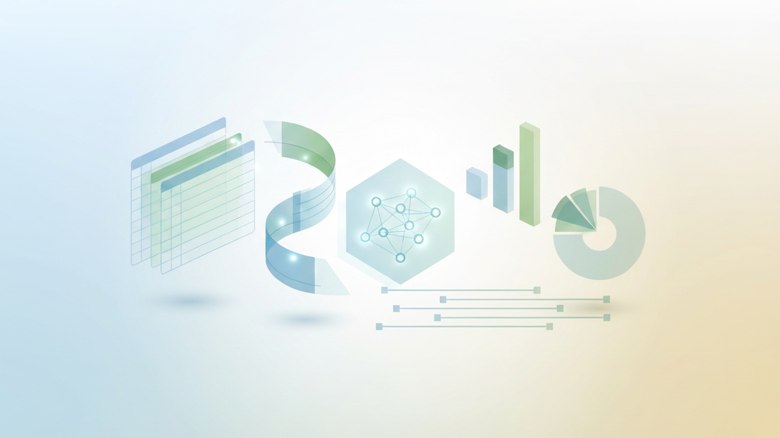 A minimalist abstract image with soft gradient geometric shapes, including interconnected polygons and subtle grid lines, represents the systematic flow and validation of financial data for robust data analytics in insurance and clear reporting.