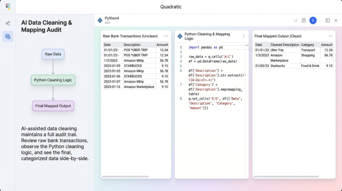 A workspace view showing a data table, a Python code block, and charts together, representing an integrated data analysis workflow.