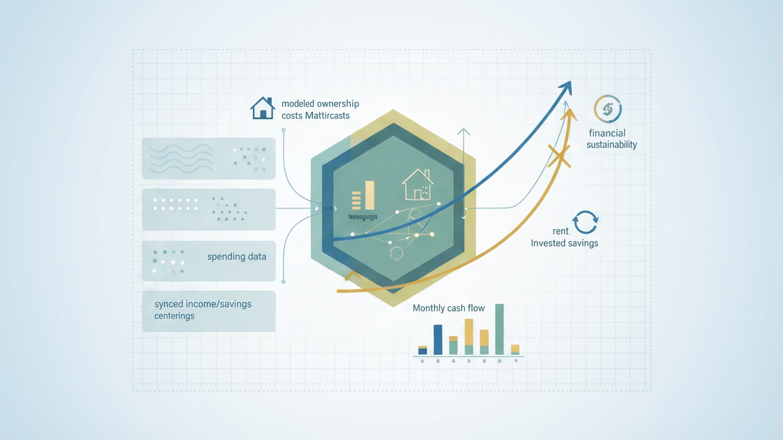 An abstract composition features two intersecting soft gradient paths, one ascending and one with subtle downward flow, surrounded by floating geometric data points, illustrating financial comparison for a rent vs buy calculator.