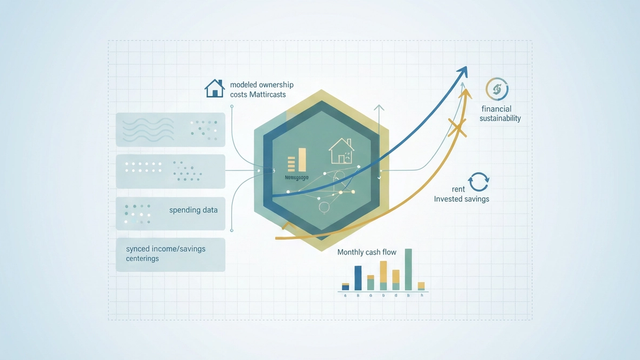 An abstract composition features two intersecting soft gradient paths, one ascending and one with subtle downward flow, surrounded by floating geometric data points, illustrating financial comparison for a rent vs buy calculator.